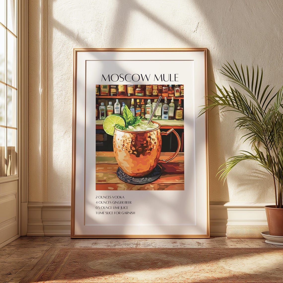 Moscow Mule Cocktail Recipe Copper Mug Retro Bar Illustration Print