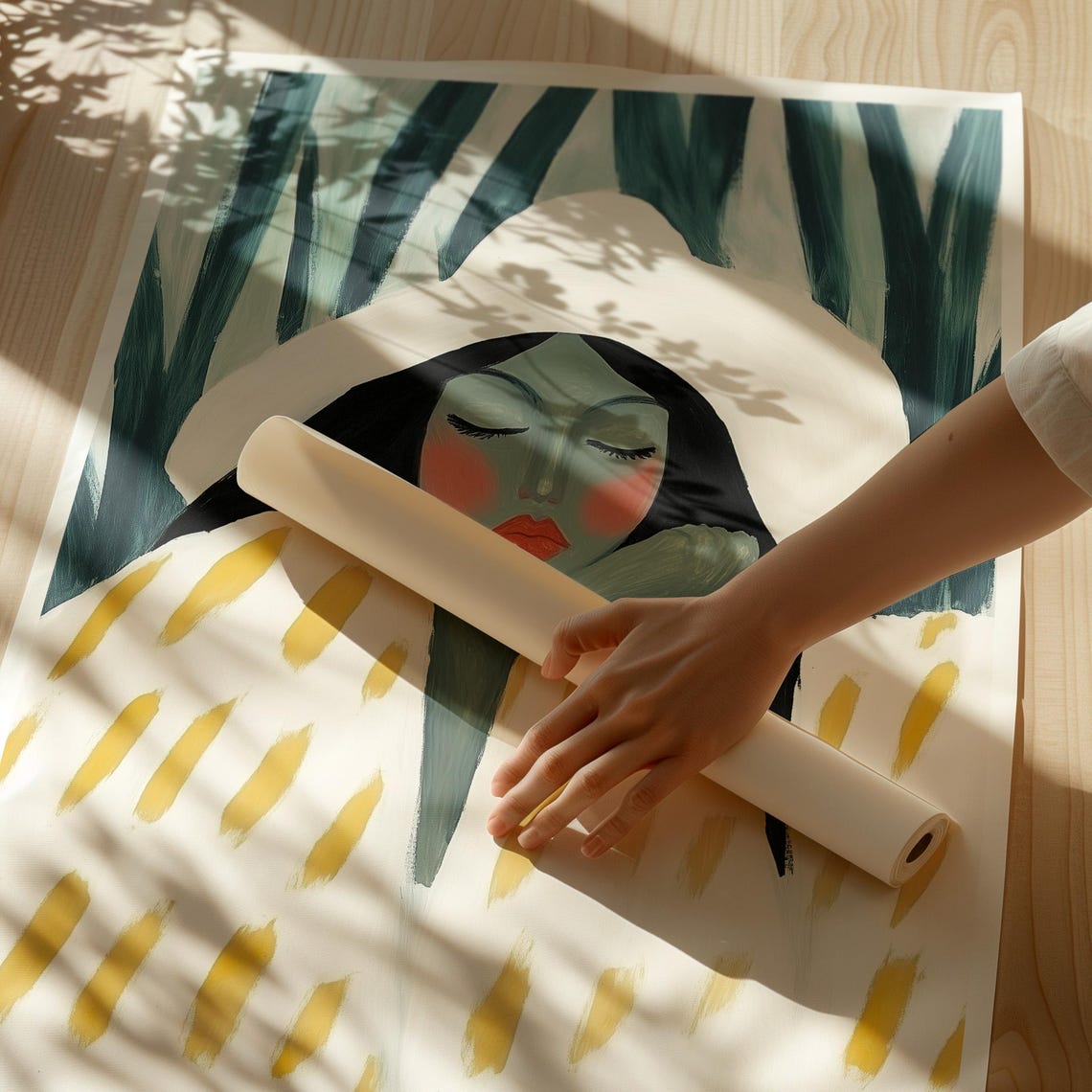 Woman In White Hat And Yellow Dashed Robe With Palm Leaves Poster - Image 3