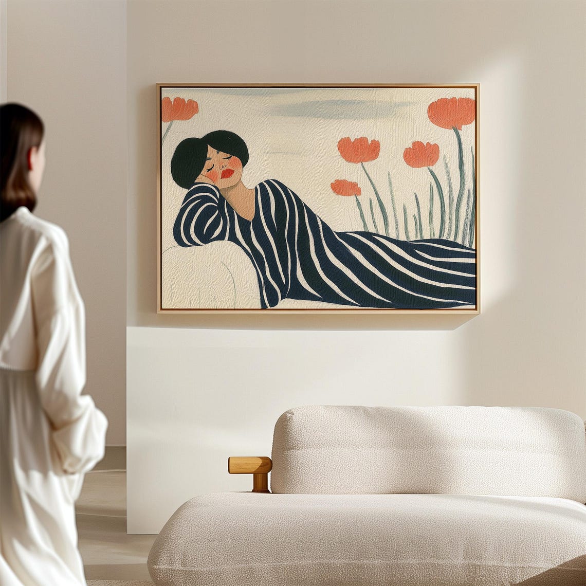 Modern Minimalist Wall Art Woman In Striped Dress With Poppy Flowers Illustration Print Calm Feminine Artwork Bold Home Decor - Image 2