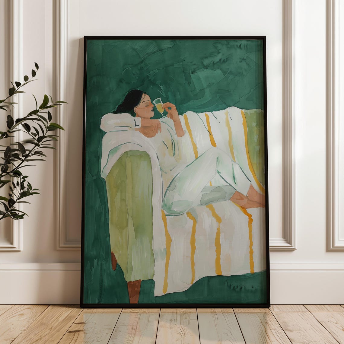 Woman Relaxing With Coffee Wall Art Cozy Minimalist Illustration With Striped Blanket Tranquil Home Decor Print