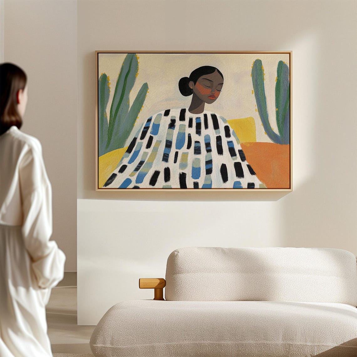 Modern Minimalist Wall Art Abstract Woman With Patterned Dress And Cacti Colorful Illustration Print Serene And Bold Home Decor - Image 2