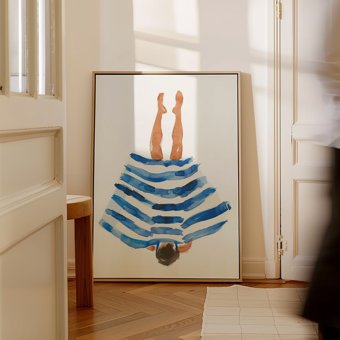 Navy Blue Watercolor Brush Stroke Minimal Playful Figure Wall Art - Image 4