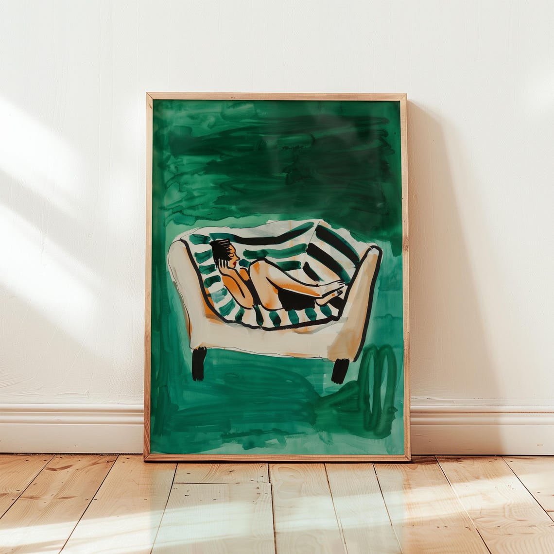 Woman Lounging on Striped Sofa Green Modern Relaxation Poster