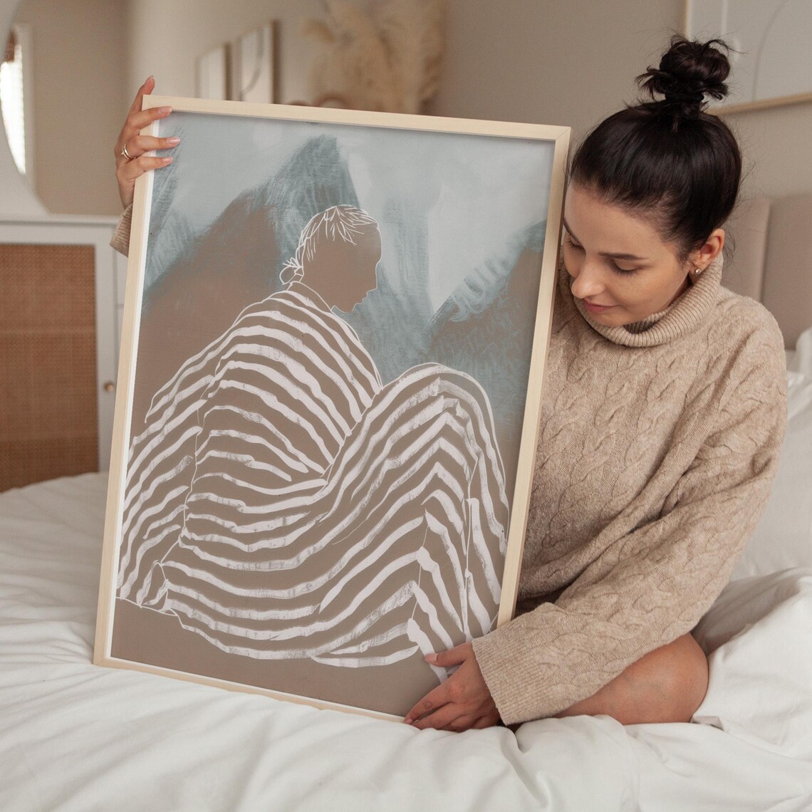 Striped Figure Wrapped Blanket Minimalist Neutral Abstract Art Poster - Image 3