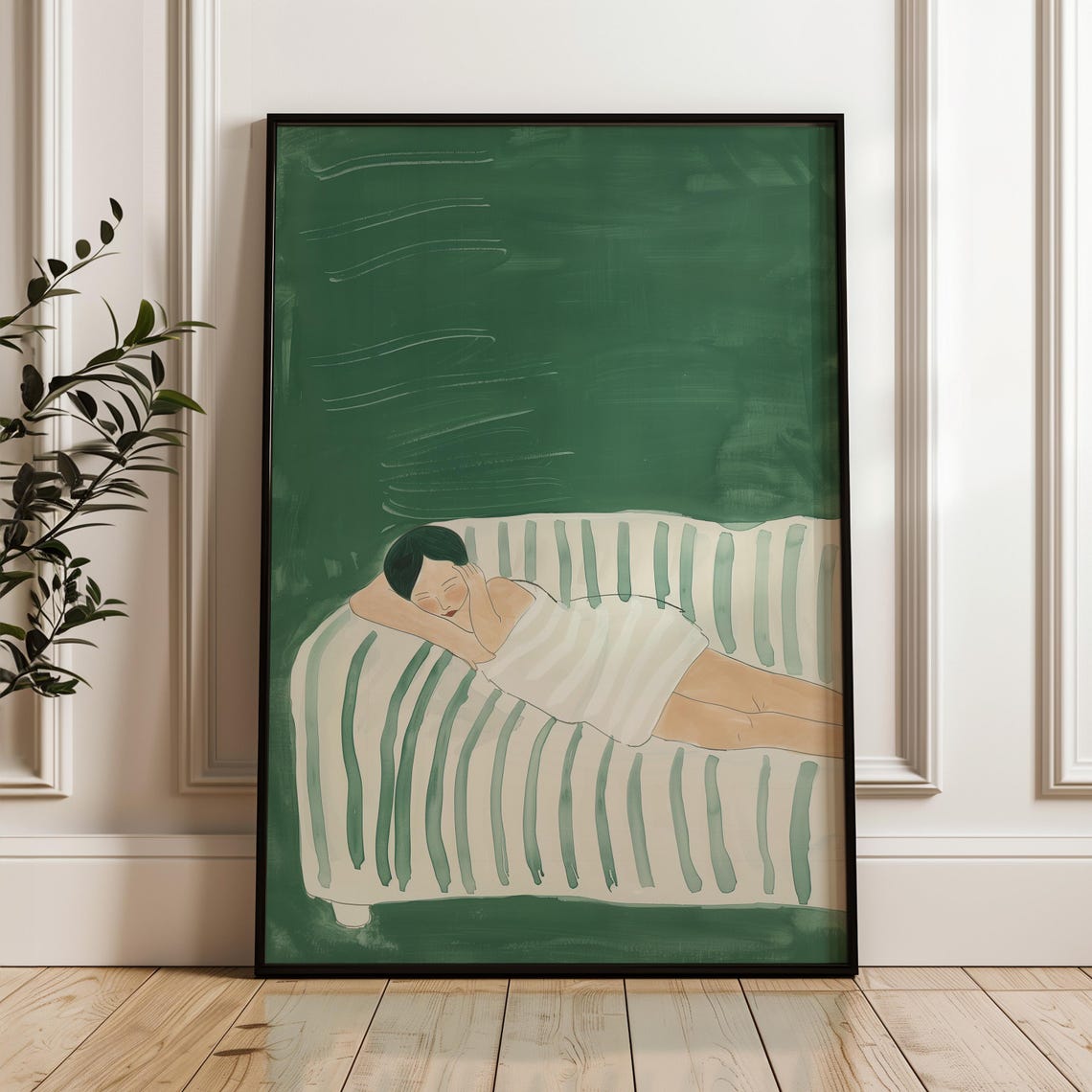 Woman Resting on Green Striped Couch Minimal Green Figure Poster