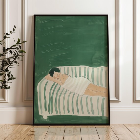 Woman Resting on Green Striped Couch Minimal Green Figure Poster