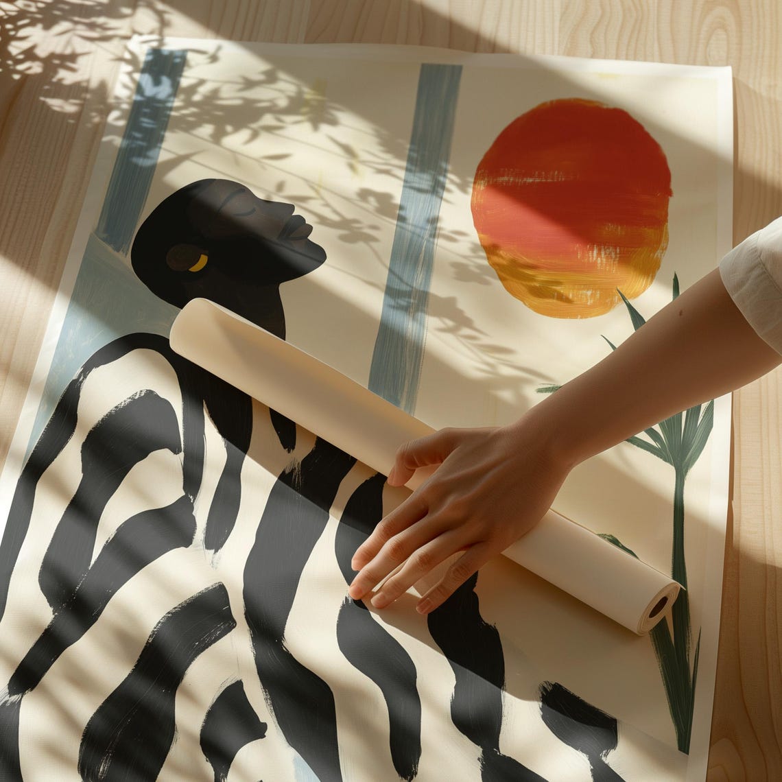 Woman In Zebra Striped Robe Under Orange Sun Minimalist Art Poster - Image 4