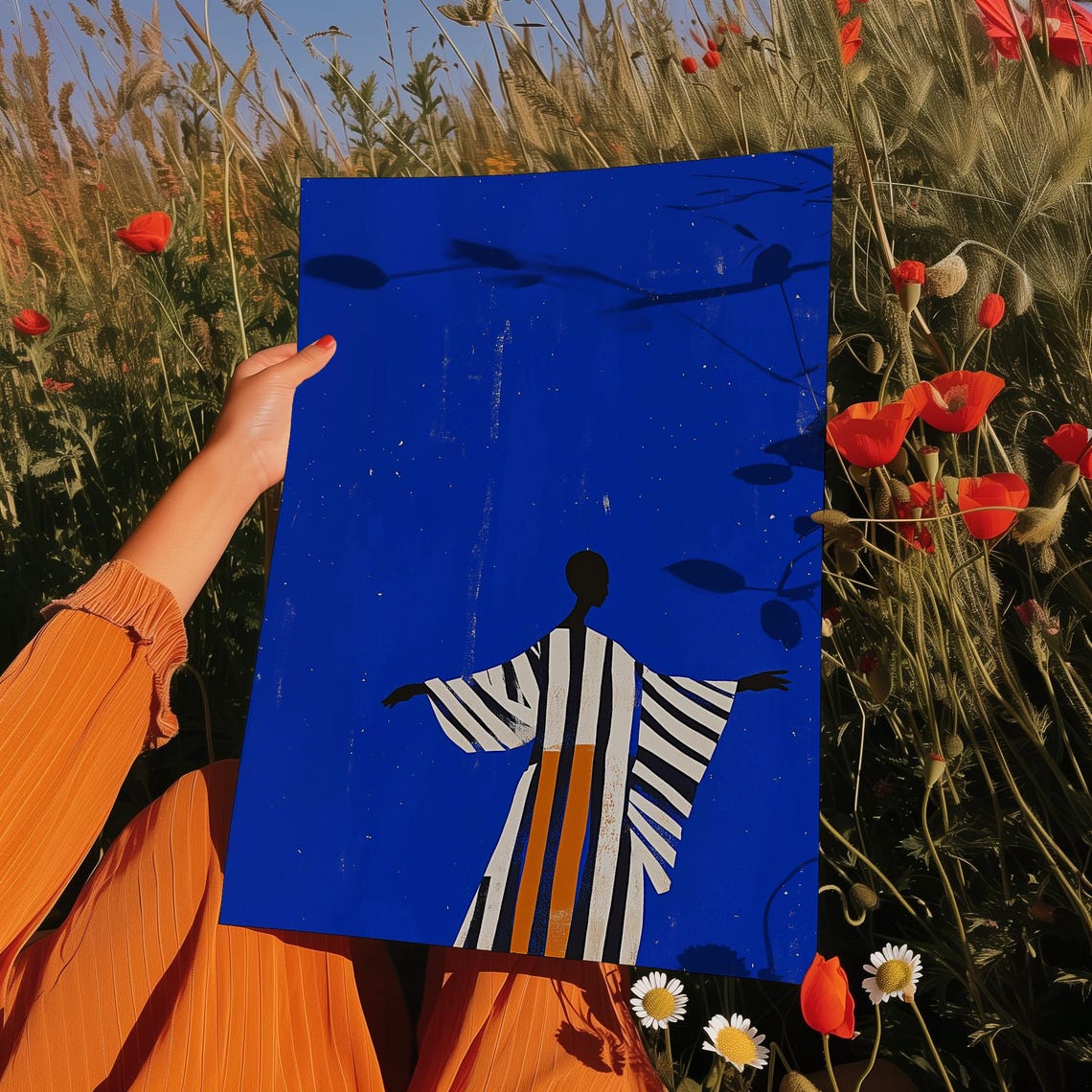 Tiny Striped Robe Figure Arms Outstretched Electric Blue Poster - Image 3