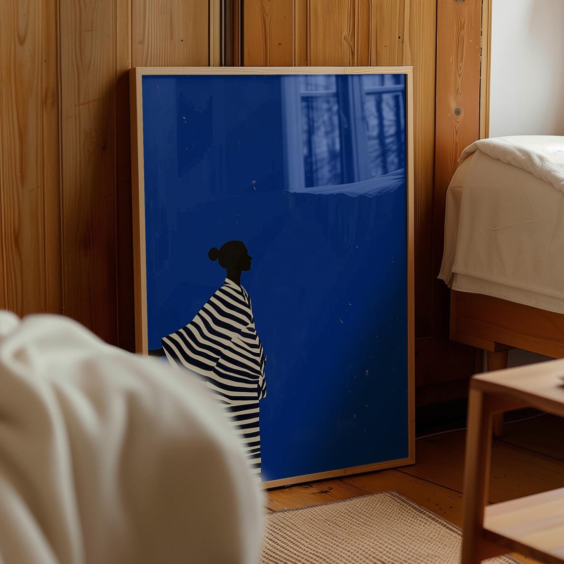 Bold Blue Background Striped Kimono Woman Silhouette Graphic Poster - Image 3