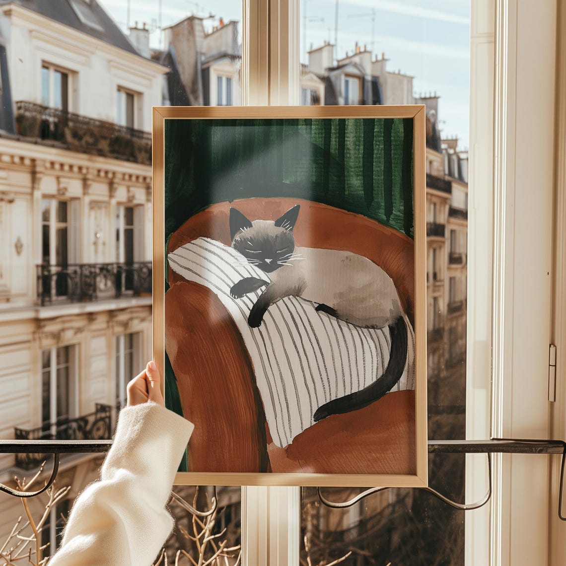 Sleeping Siamese Cat on Striped Pillow Cozy Watercolor Poster - Image 4