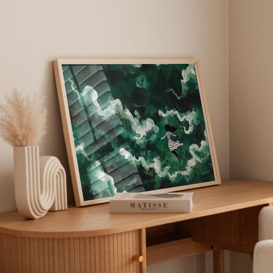 Dreamy Woman Falling Through Emerald Green Clouds Art Poster - Image 4