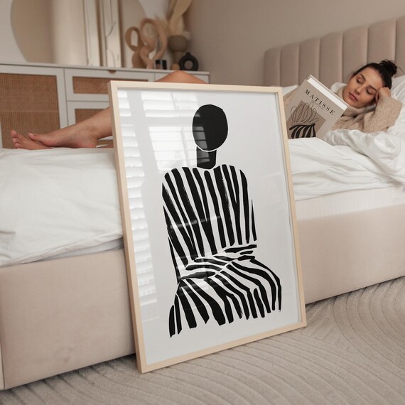 Minimalist Black And White Silhouette Art Abstract Striped Figure Wall Print Modern Geometric Design Contemporary Art Monochrome Statement