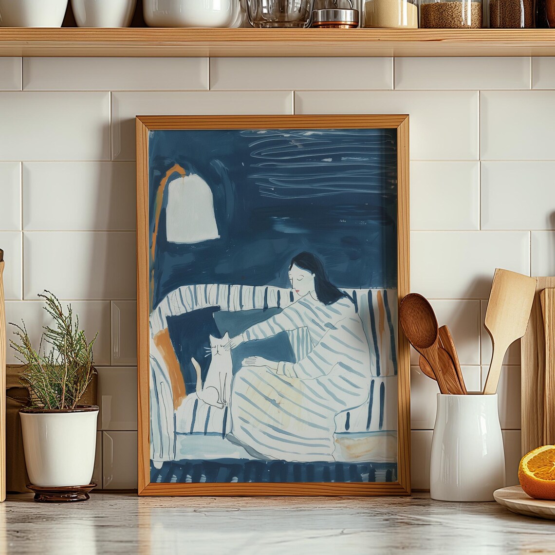 Woman Petting Cat on Striped Couch Cozy Blue Night Illustration Poster - Image 2