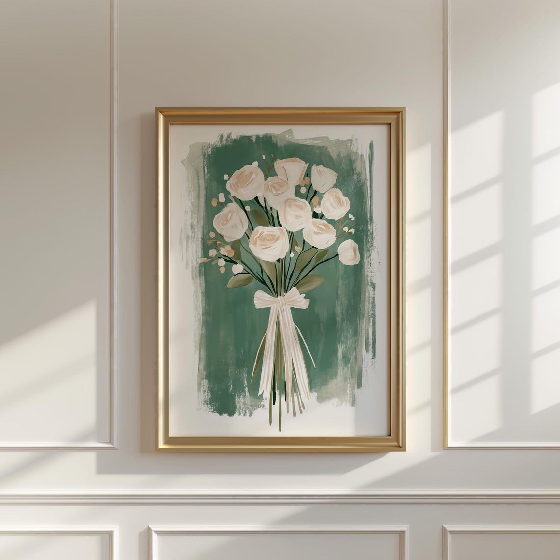 White Rose Bouquet With Bow On Sage Green Painterly Floral Poster - Image 4