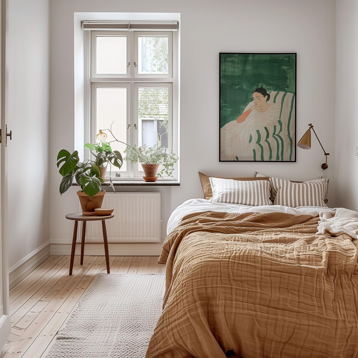 Reclining Woman In Striped Robe Emerald Green Minimalist Painting Poster - Image 2