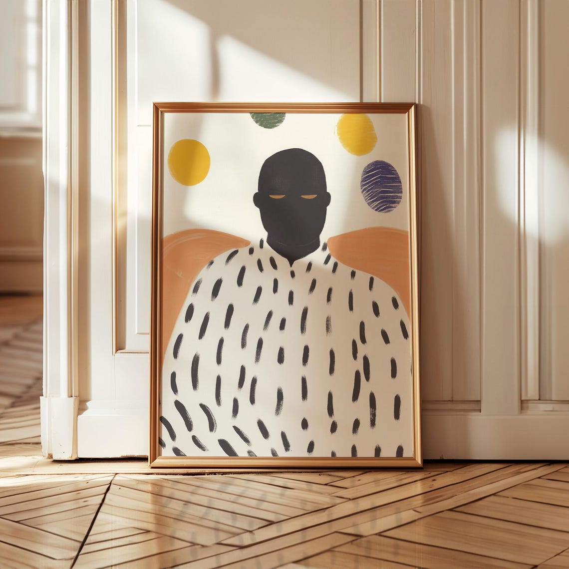 Black Silhouette Figure In Dotted Robe With Bright Circles Art Poster