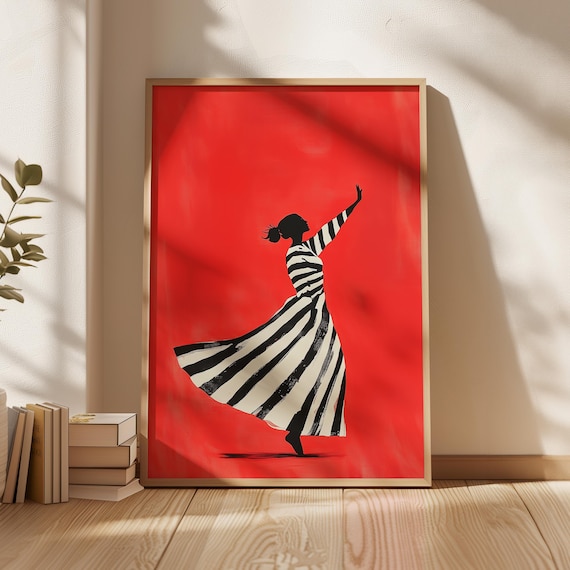 Dancing Woman Striped Dress Red Background Joyful Movement Art Poster