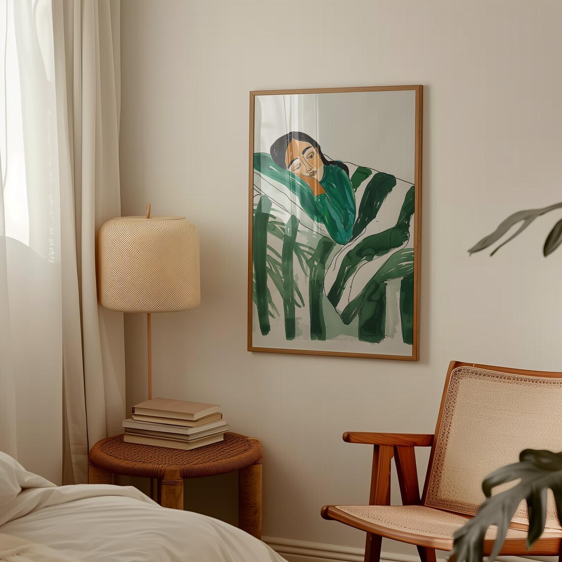 Woman Resting in Green Blanket Cozy Watercolor Portrait Poster - Image 2