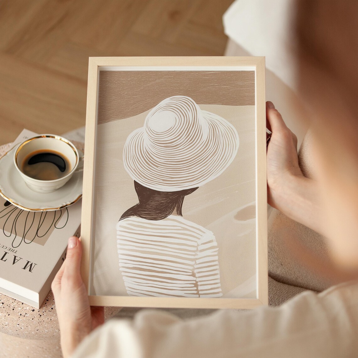 Woman Sun Hat Striped Top Back View Minimalist Line Illustration Poster - Image 3