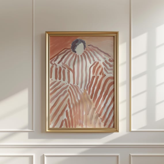 Abstract Figure Wrapped In Earthy Stripes Warm Neutral Tones Modern Wall Art Minimalist Line Art For Home Decor