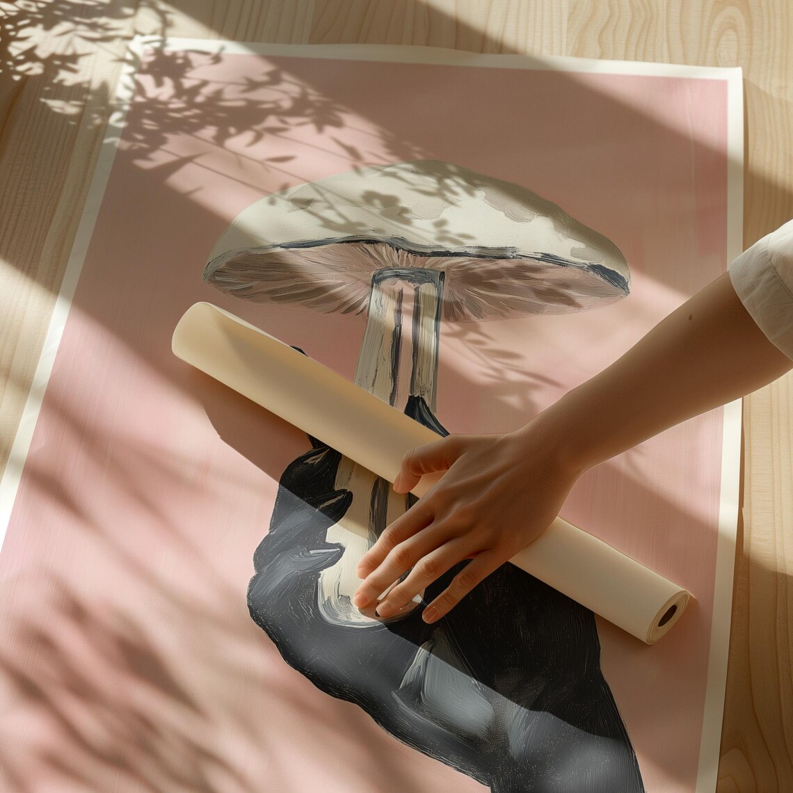 Black Hand Holding a Pale Mushroom on Soft Pink Surreal Poster - Image 2