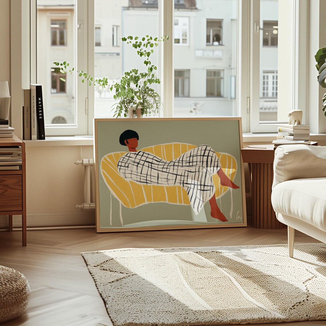 Woman Lounging on Yellow Chaise in Grid Pattern Dress Poster - Image 4