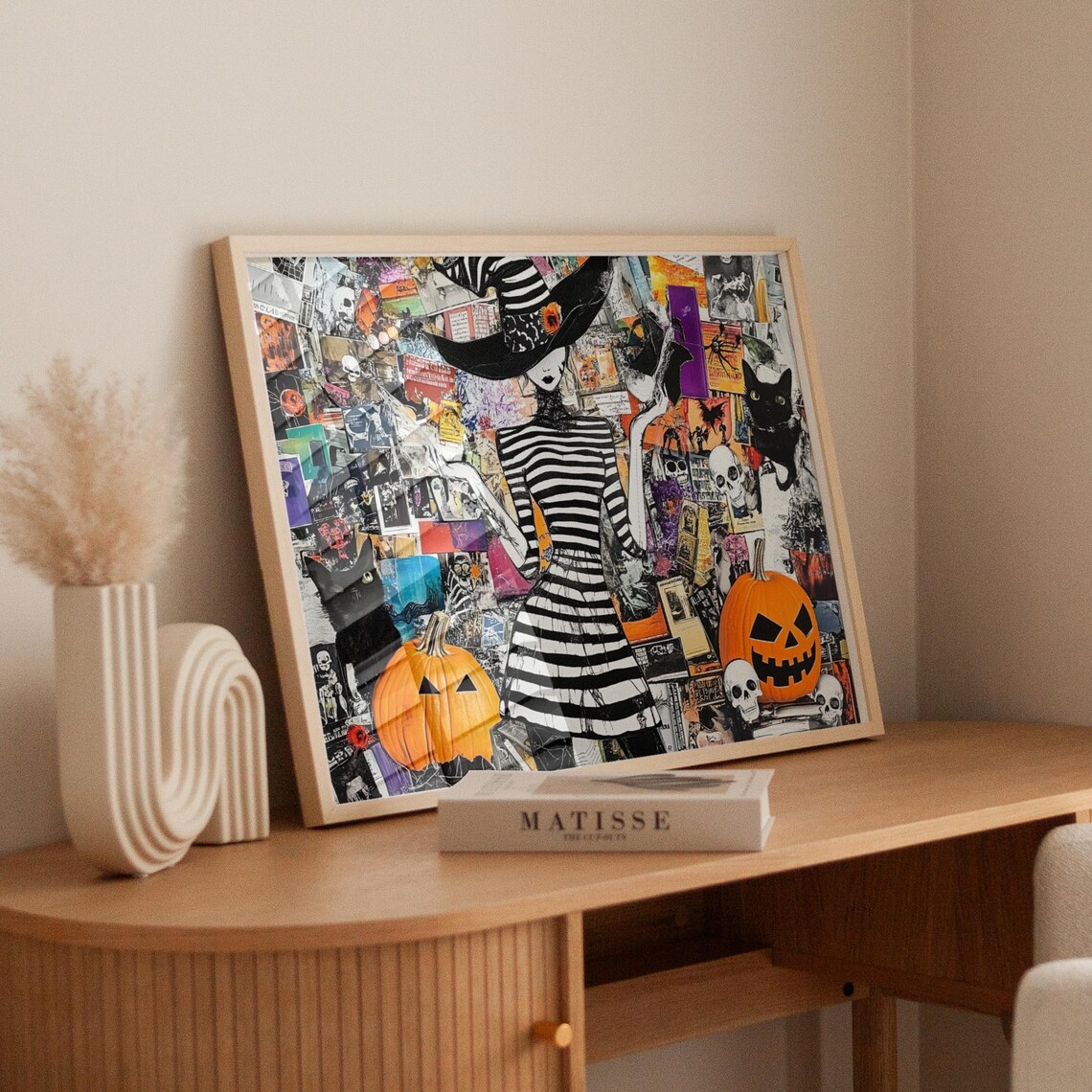 Striped Witch Halloween Collage With Black Cats Pumpkins Poster - Image 3