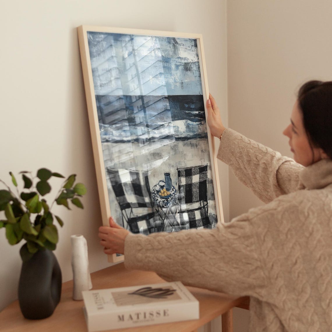 Abstract Beach Scene Checkered Chairs Coastal Impressionist Art Poster - Image 2