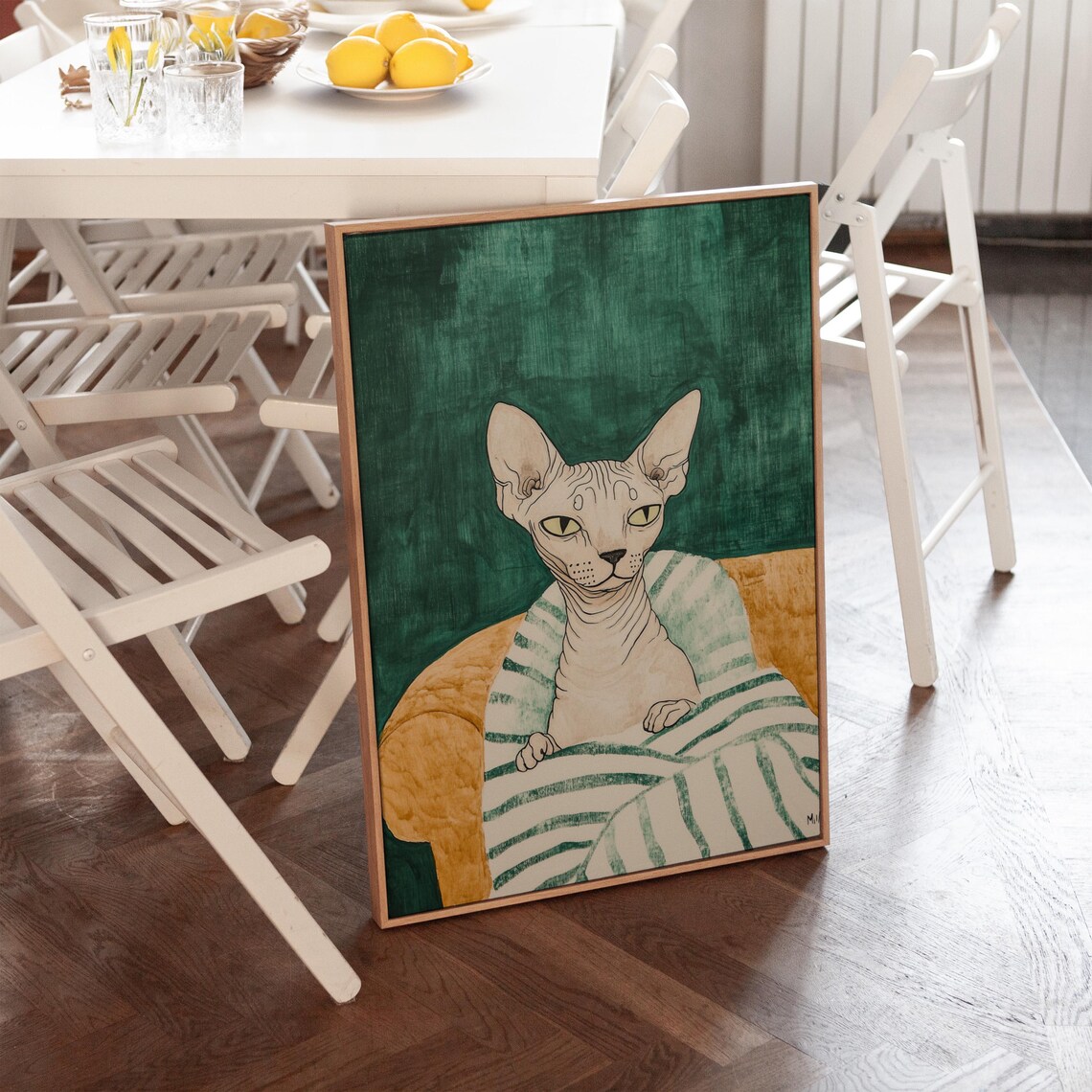 Sphynx Cat Portrait Watercolor Hairless Cat Emerald Green Pet Poster - Image 2