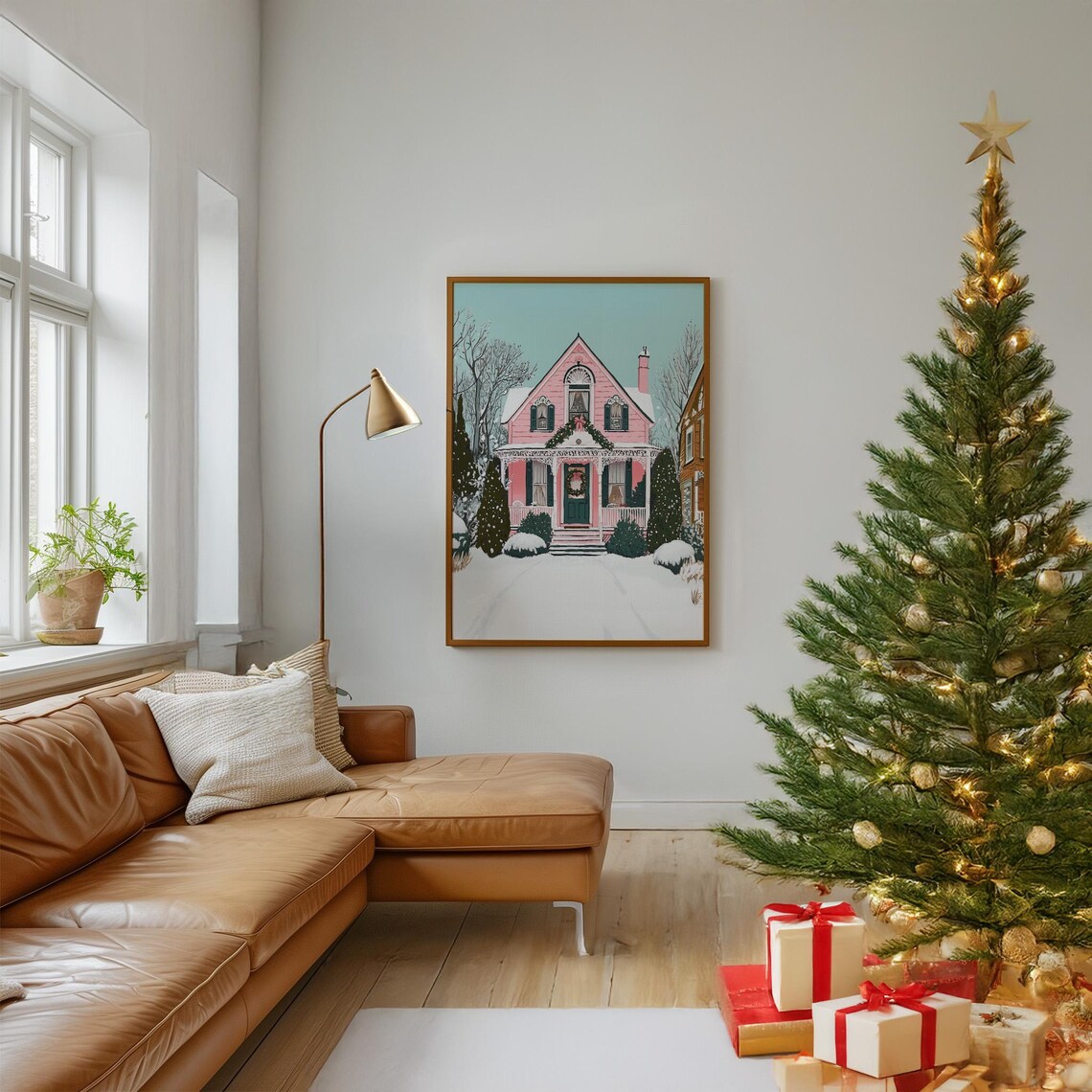 Pink Victorian House Snowy Winter Holiday Village Charming Home Poster - Image 2