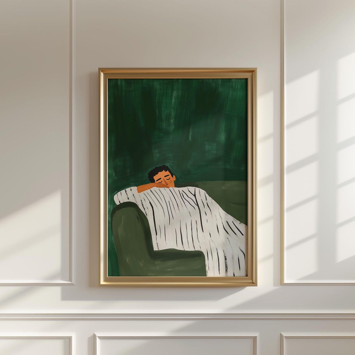 Man Taking A Nap On Emerald Green Sofa Minimalist Cozy Wall Art