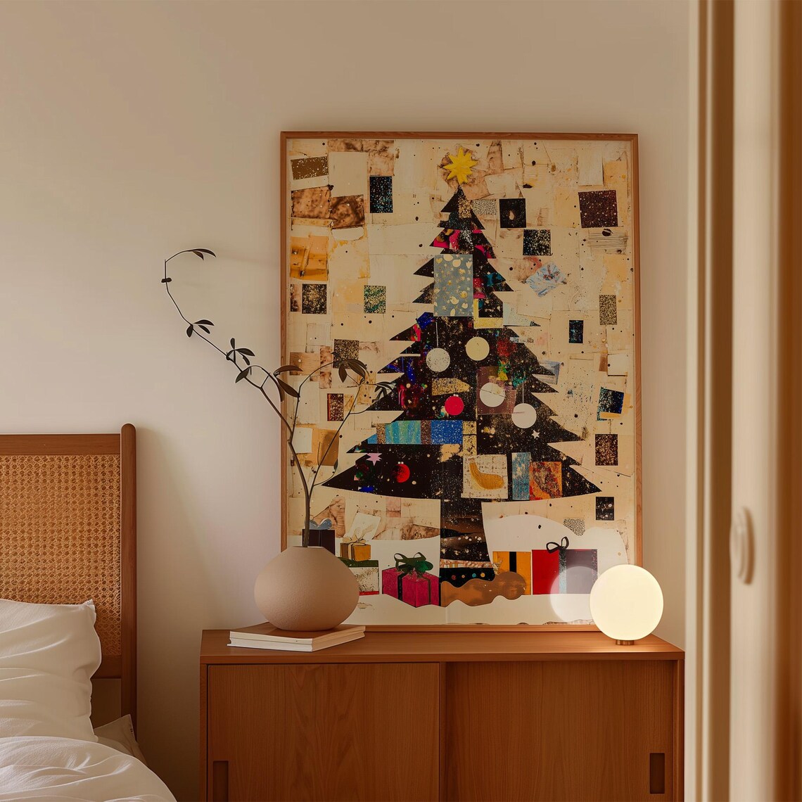 Paper Collage Christmas Tree Vintage Ornaments Holiday Art Poster - Image 4
