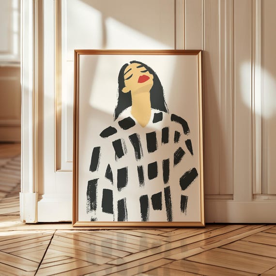 Abstract Woman Portrait Art Black And White Brushstroke Illustration Red Lipstick Wall Decor Minimalist Fashion Print