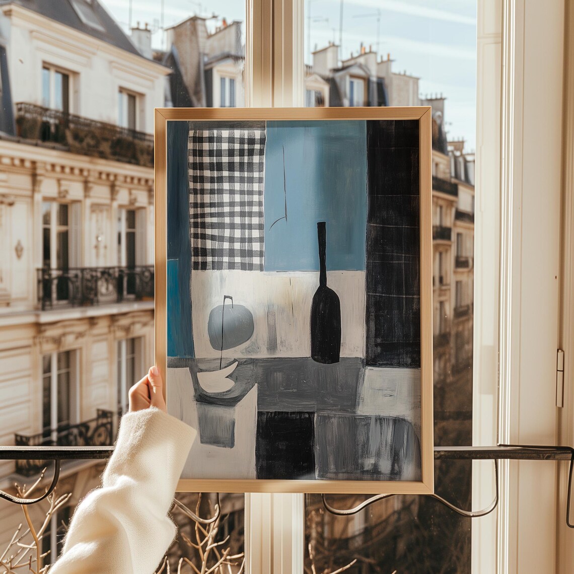 Cubist Still Life With Checkered Panel And Black Bottle In Blue Print - Image 2