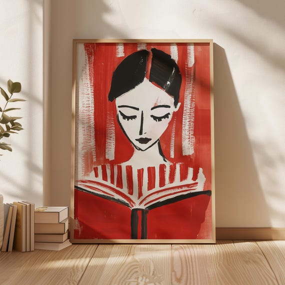 Abstract Reading Woman Art Print Minimalist Red And White Striped Artwork Bold Modern Wall Decor Artistic