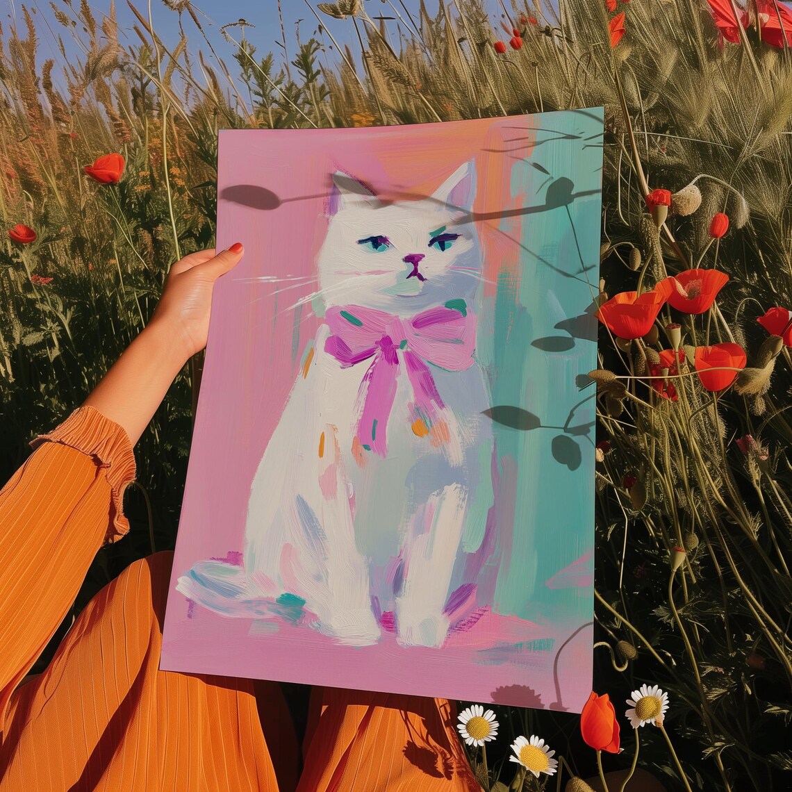 White Cat with Pink Bow Colorful Pastel Portrait Painting Poster - Image 4