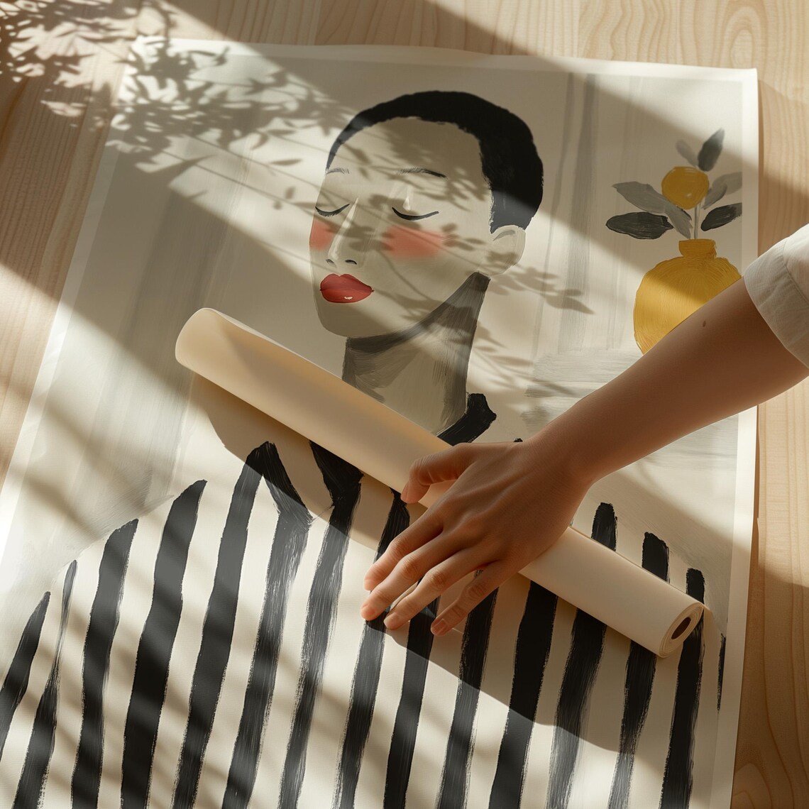 Serene Woman in Striped Shirt With Lemon Vase Minimalist Poster - Image 4