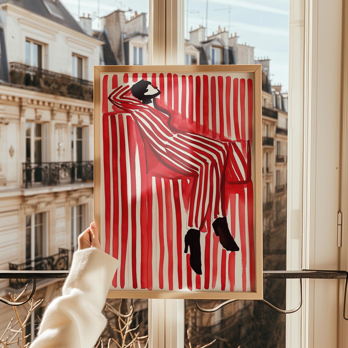 Reclining Woman Red Striped Dress Bold Chic Fashion Art Poster - Image 3