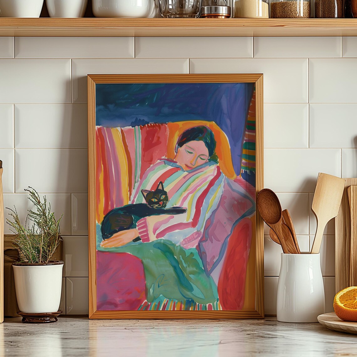 Colorful Woman with Black Cat Resting on Rainbow Blanket Wall Art - Image 2
