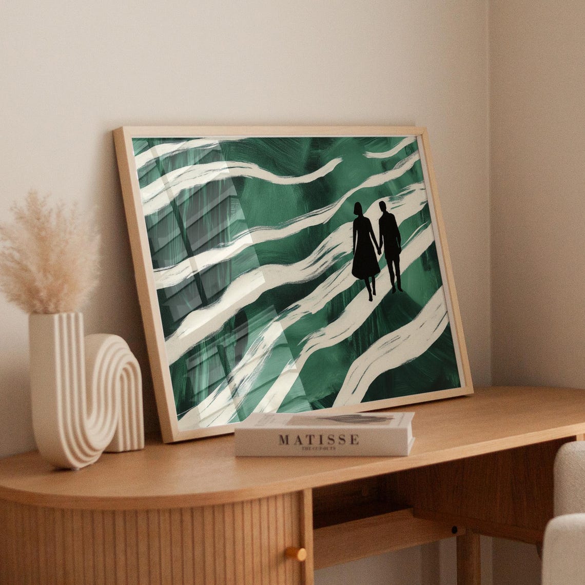 Couple Silhouette On Green Waves Romantic Modern Love Art Poster - Image 4
