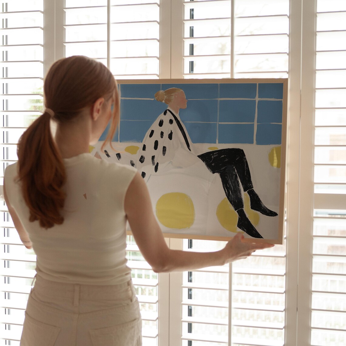 Polka Dot Woman Seated on Blue Tiled Wall Yellow Dots Modern Poster - Image 5