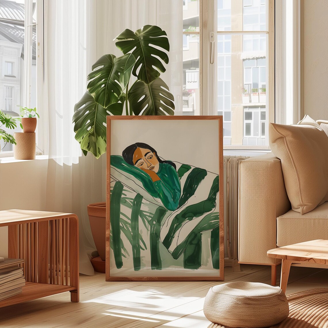 Woman Resting in Green Blanket Cozy Watercolor Portrait Poster - Image 4