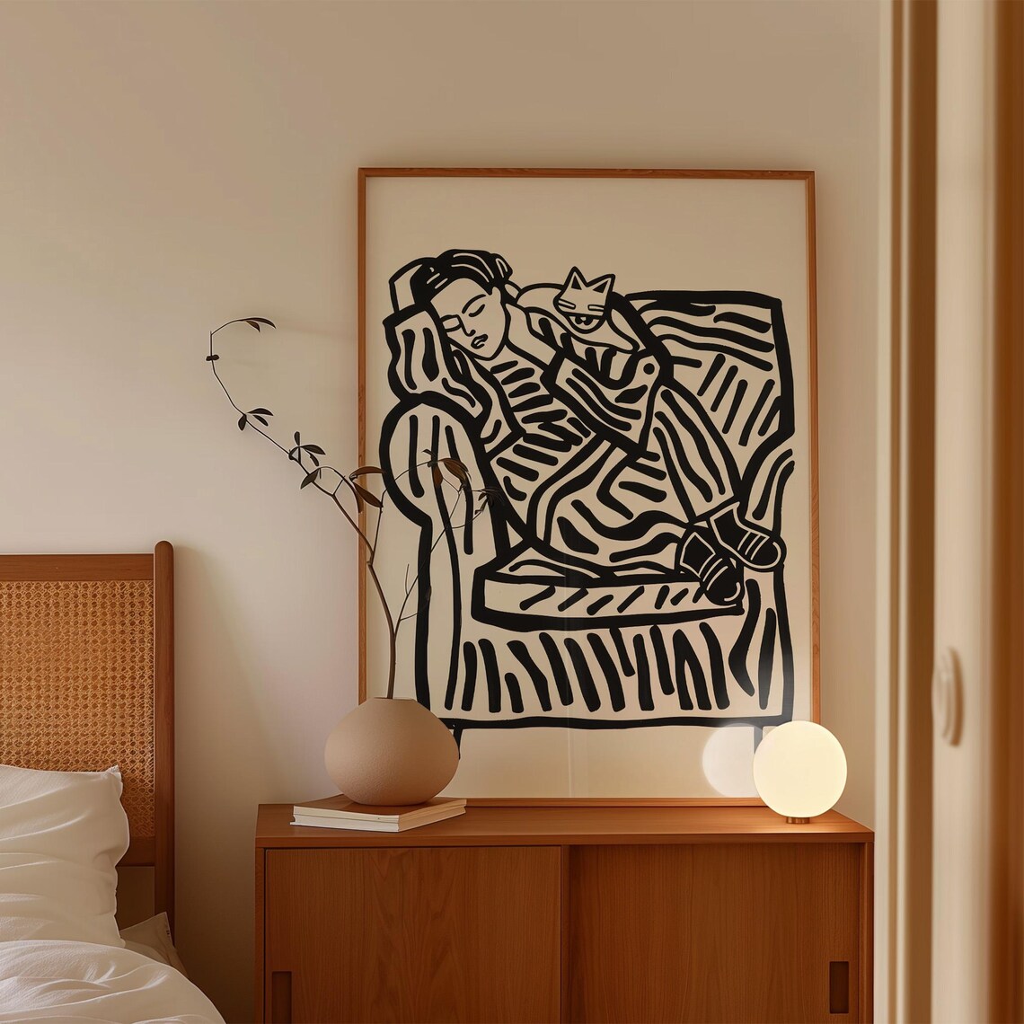 Woman Sleeping with Cat Line Drawing Cozy Black White Poster - Image 3