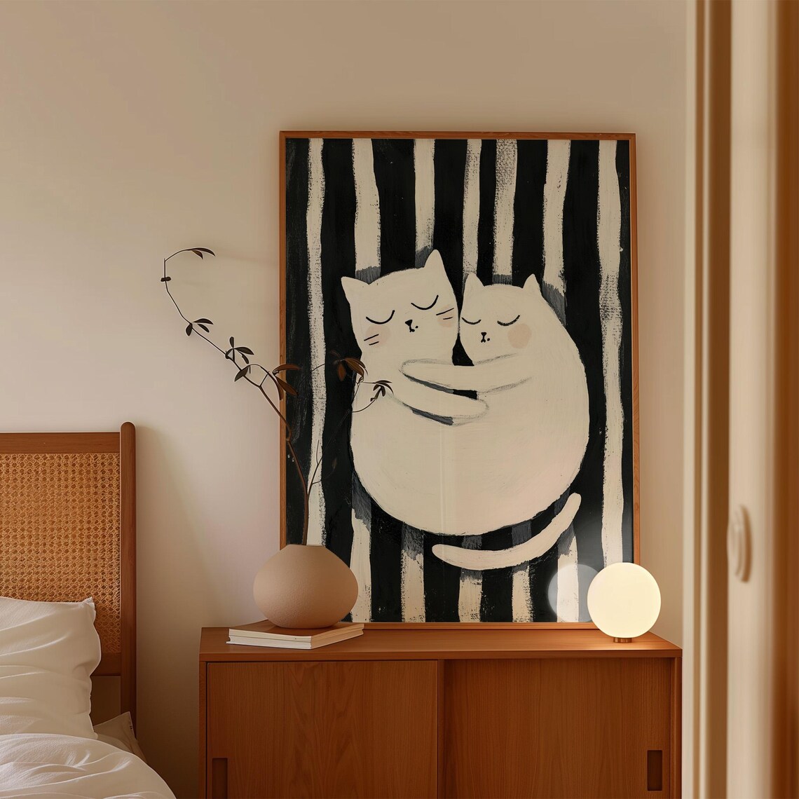 Two Hugging White Cats On Stripes Sweet Cat Couple Art Poster - Image 4