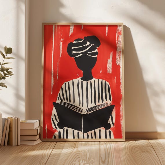 Modern Reading Woman Art Bold Red And Black Illustration Minimalist Striped Design Abstract Cultural Portrait Wall Art