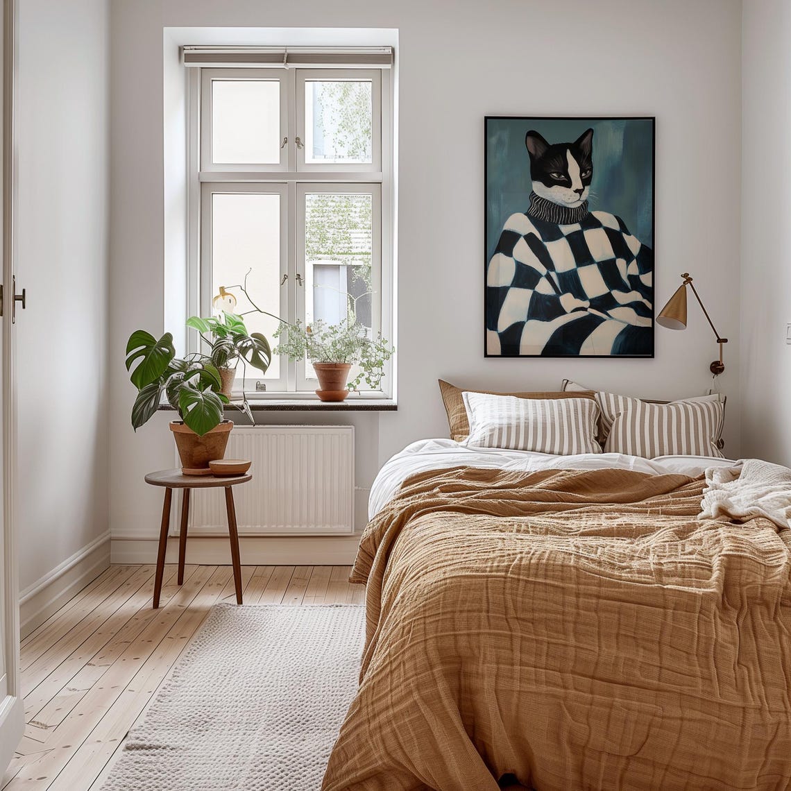 Tuxedo Cat in a Checkered Sweater Whimsical Pet Portrait Poster - Image 3