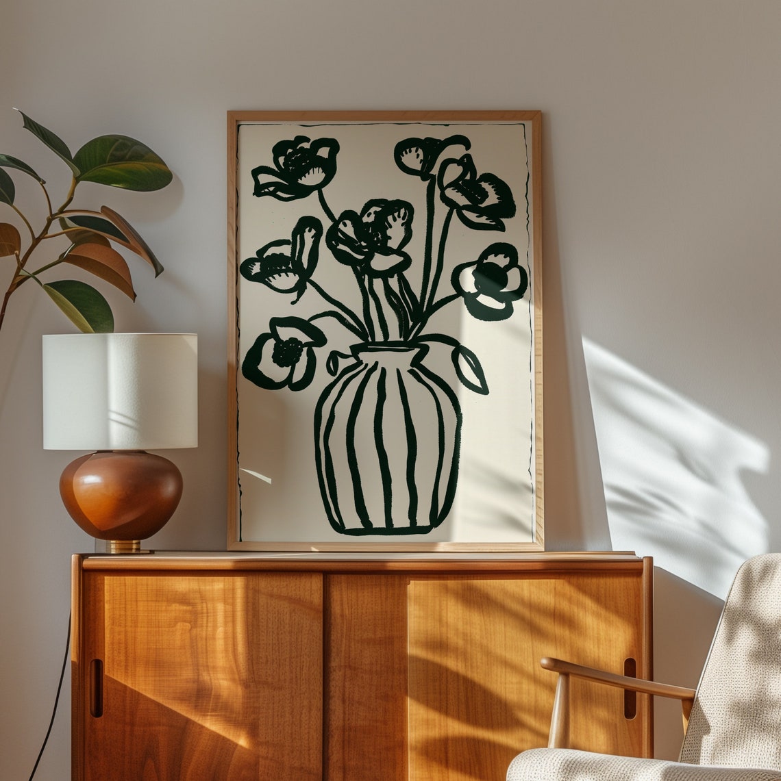 Abstract Black Ink Botanical Flowers Striped Vase Neutral Wall Poster - Image 4