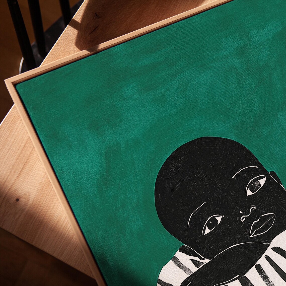 Minimalist Black Child Silhouette Emerald Green Nursery Wall Art - Image 3
