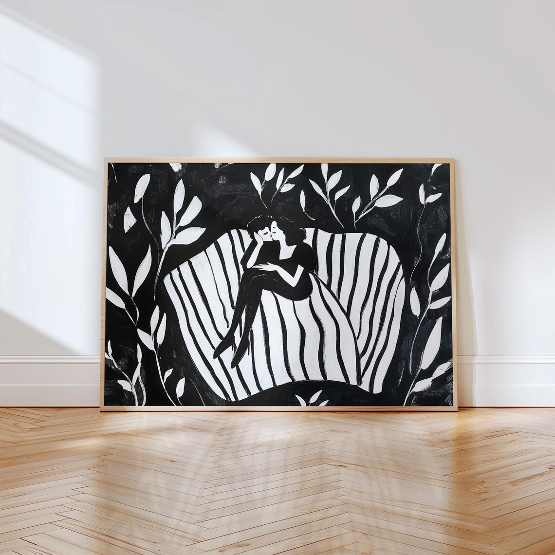 Romantic Lovers Reclining Striped Cushion Black White Poster - Image 4