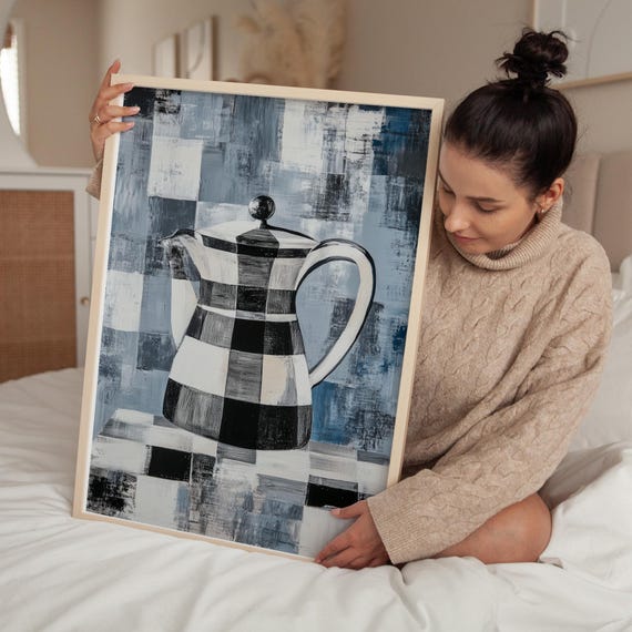 Modern Checkered Kettle Art Print Abstract Teapot Wall Decor Black White Blue Geometric Kitchen Poster Coffee Bar Wall Art